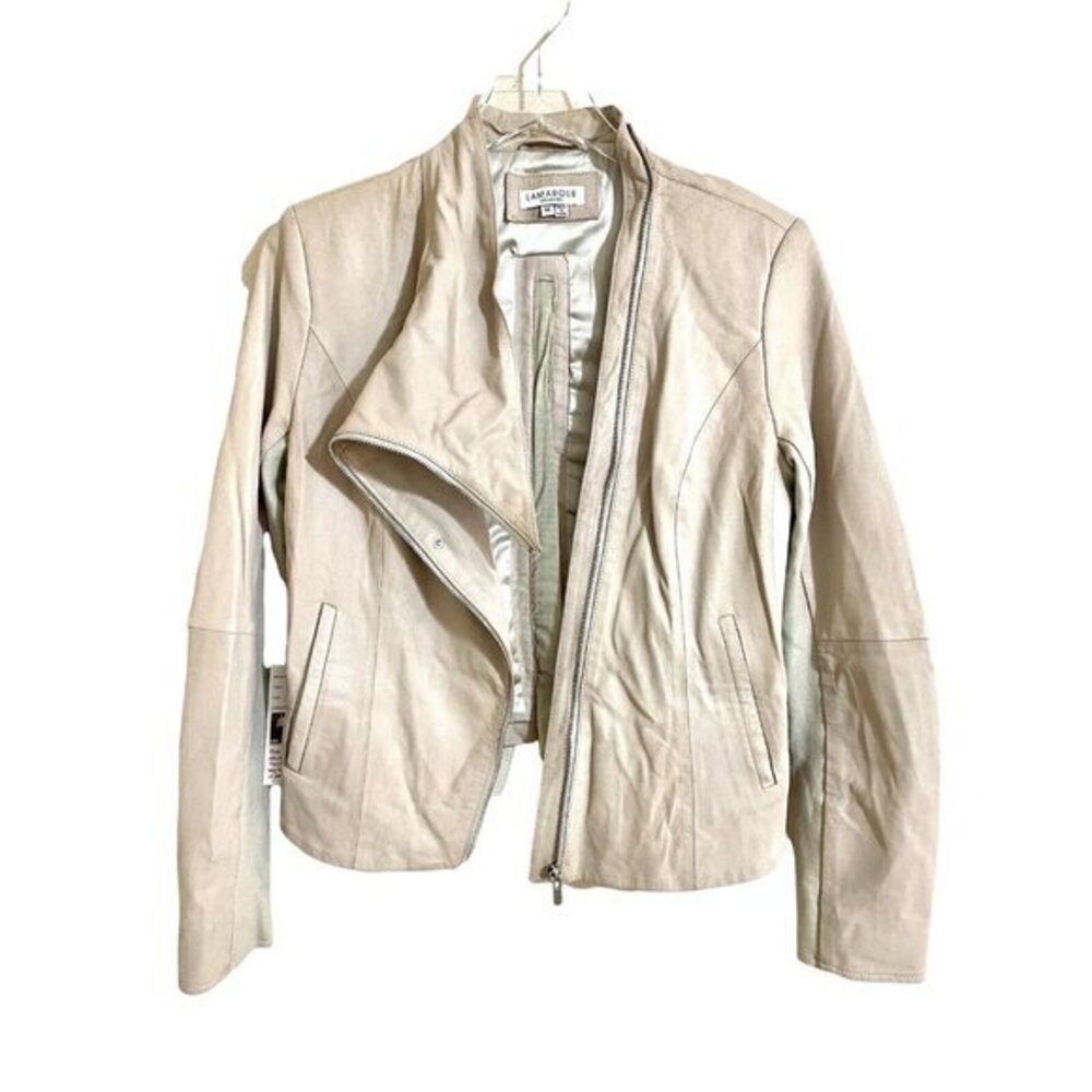 Lamarque Leather Jacket Erin Angled Collar Beige Draped Crop Jacket Sz M